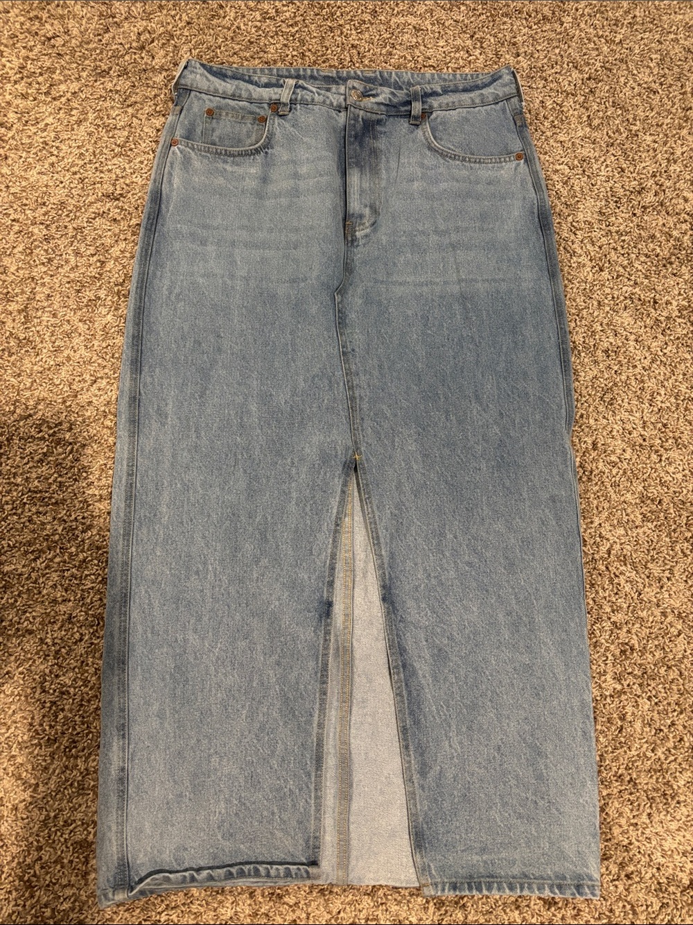 Light Blue Denim Straight Maxi Skirt with Front Slit